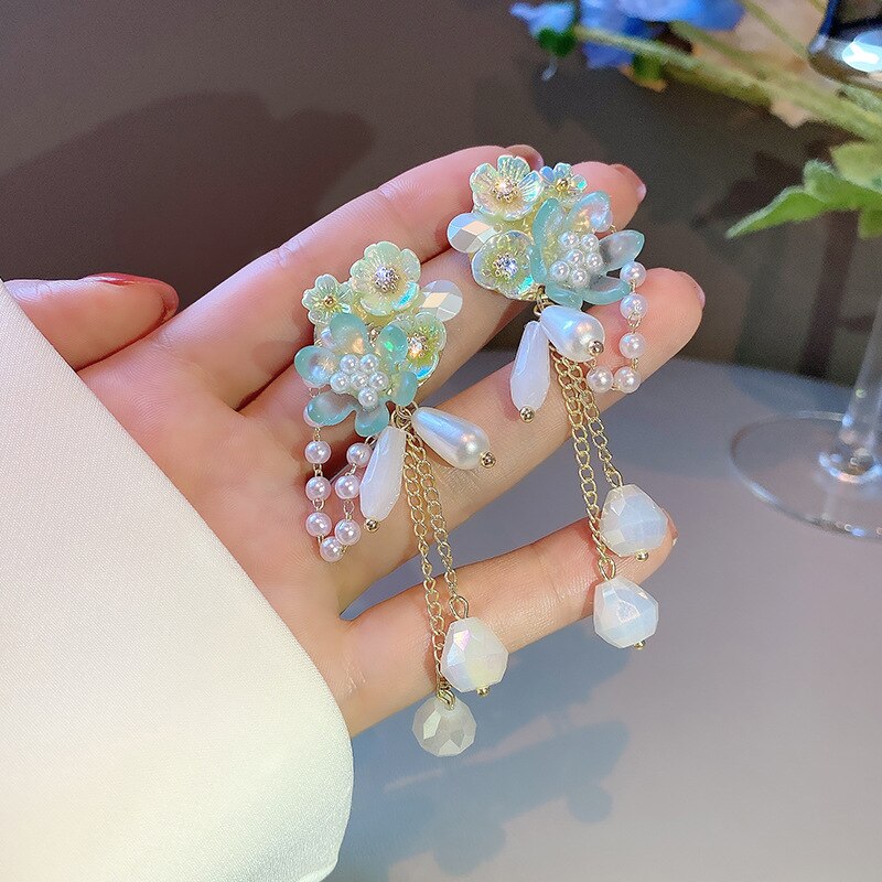Oval Pearl Resin Flower Tassel Summer Earrings Beach Jewelry Boho Green pendientes