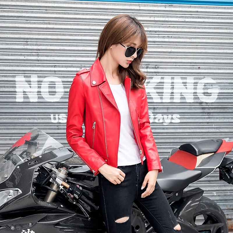 Ftlzz Vrouwen Motorfiets Pu Leren Jas Winter En Lente Zwart Rood Faux Lederen Jas Turn Down Collor Lady Bovenkleding