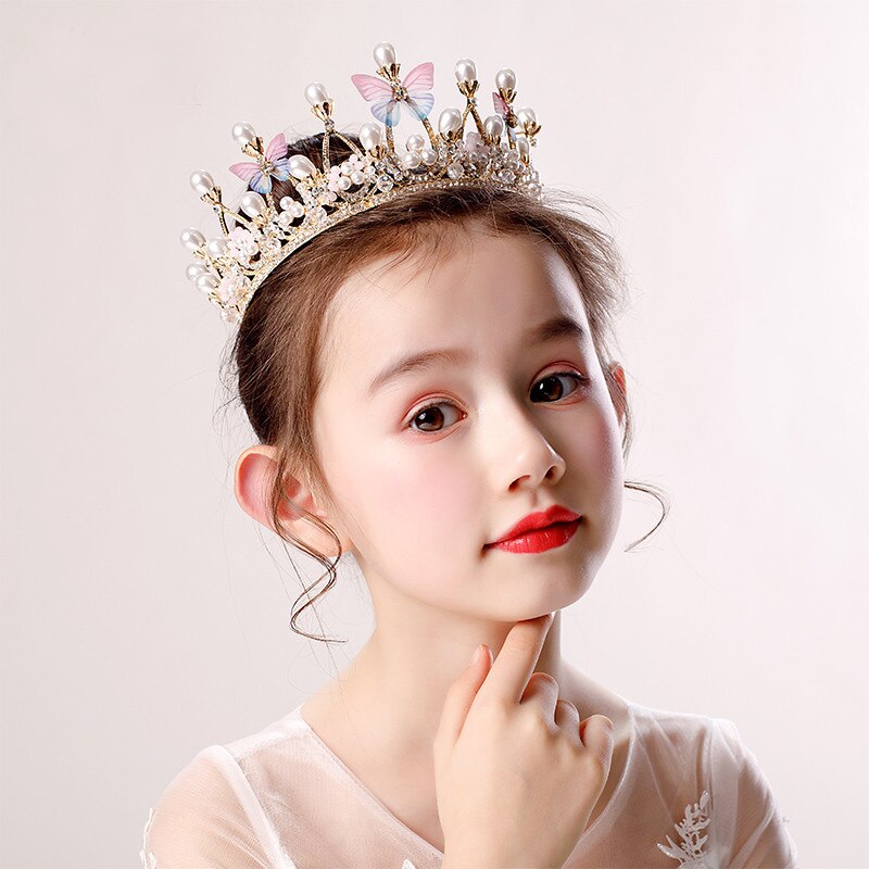 Cc tiaras de cabelo para crianças, acessórios de cabelo, tiaras e coroa de borboleta, de pérola, para meninas, princesa, festa de aniversário, luxo, presente su073