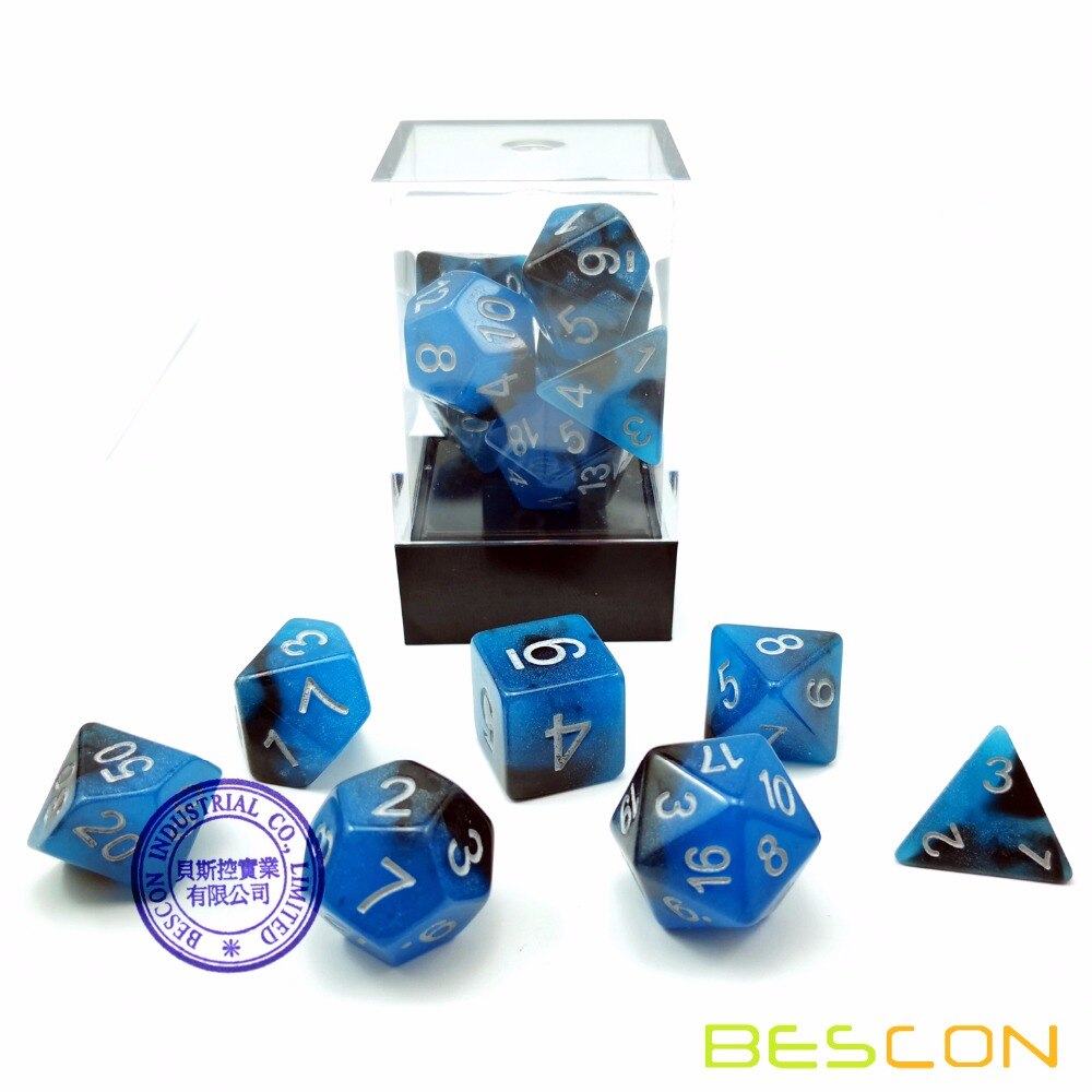 Bescon Twee-Tone Glow-In-The-Dark Polyhedrale Dobbelstenen Set Blauw Dawn, lichtgevende Rpg Dobbelstenen Set D4 D6 D8 D10 D12 D20 D % Baksteen Box Pack