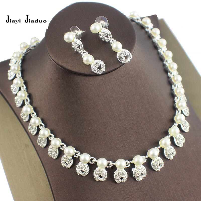 jiayijiaduo Bridal jewelry sets simple imitation pearl Silver color necklace for women wedding accessories Love