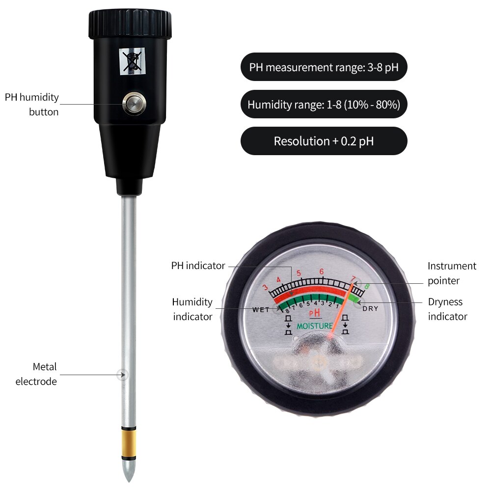 ZD-06 Soil pH &amp; Moisture Tester with 295mm Long Metal Probe Waterproof Soil Tester Kit Tools for Garden Flower Farm