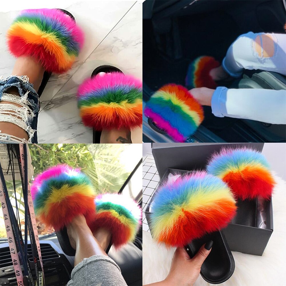 Imitatie Vossenbont Slippers Faux Furry Fluffy Slippers Vrouwen Slides Sandalen Indoor Schoenen Voor Vrouwelijke Slip Op Slippers d30
