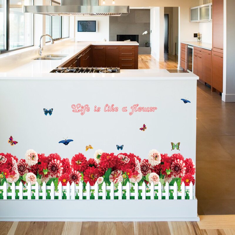 Red Flower Butterfly Kitchen Baseboard Wall Sticker Cabinet Stove Waist Line Border Decoration Poster PVC Corner Art Mural: Default Title