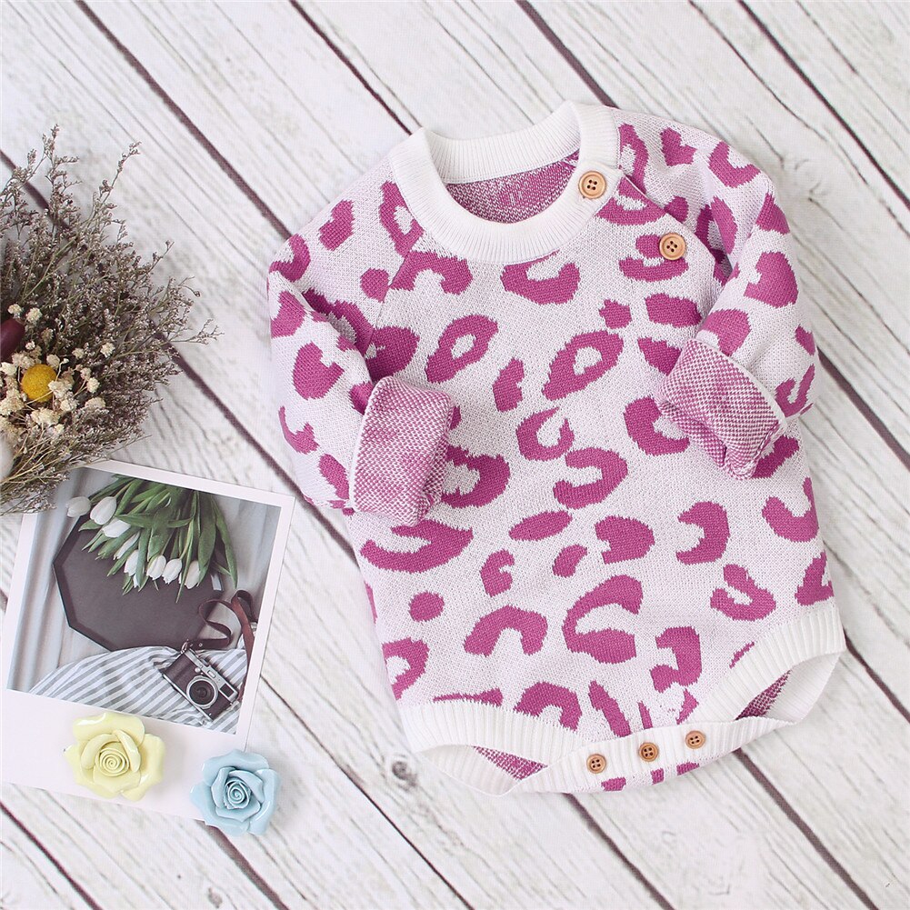 2020 di nuovo Modo Del bambino Della Ragazza del Ragazzo di Inverno Del Leopardo Del Pagliaccetto Della Tuta Complessivo di Maglione Lavorato A Maglia Vestiti: Colore rosa / 6m