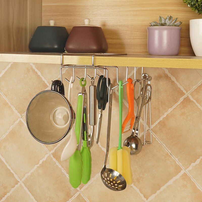 Soporte para tazas, colgador de tazas debajo del estante, armario de café, cocina, estante de almacenamiento, armario de plata, 10 ganchos, acero inoxidable 304