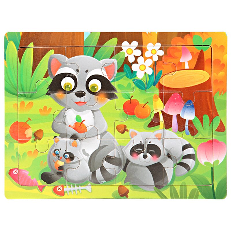 15*11cm 12pcs Wood Puzzle Kids Educational Toys Cartoon Animal/Traffic 3dD Wooden Puzzle Jigsaw Toys For Children