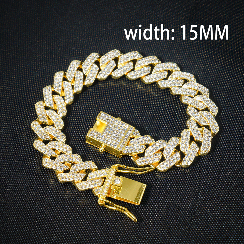 HipHop Men Women 13MM Prong Cuban Link Chain Bracelet Bling Iced Out 2 Row Rhinestone Paved Miami Rhombus Cuban Chain Jewelry: 16cm / Rust Red