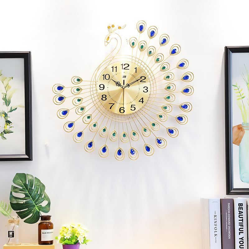 53x53cm Diamond Peacock Wall Clock 3D Large Gold Metal Watch for Home Office Living Room Decor DIY Clocks Crafts Ornaments