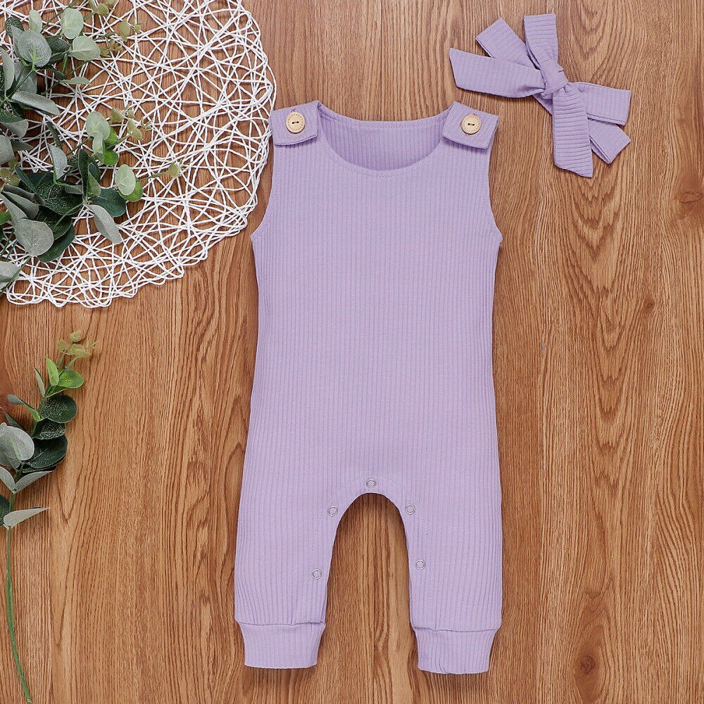 0-24m spedbarn baby jente gutt romper solide ermeløs nydelig jumpsuit+hodebånd 2 stk antrekk klær sommer