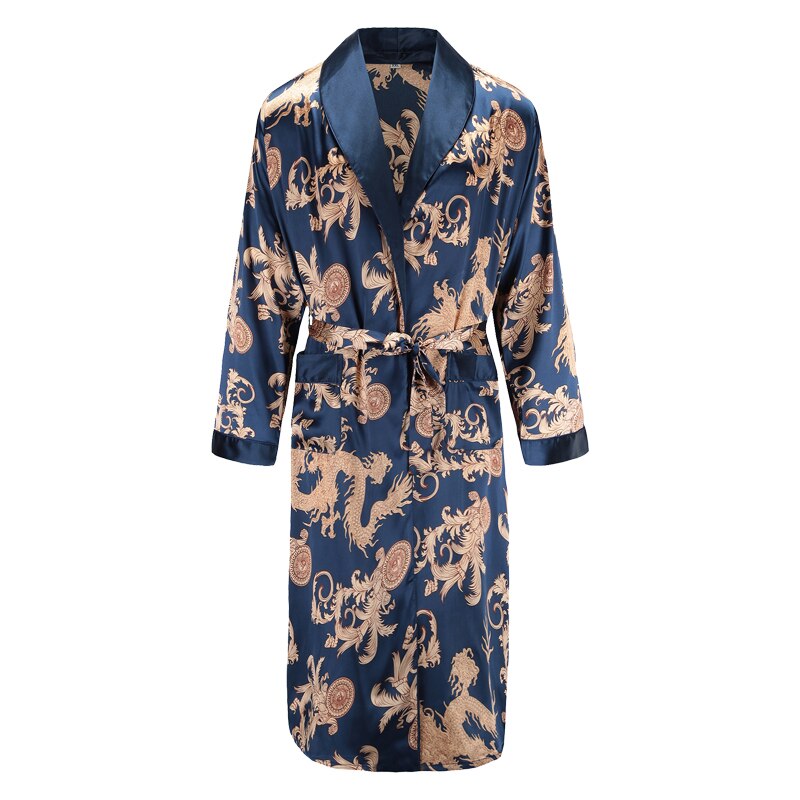 Mænd morgenkjole lange ærmer kimono badekåbe kjole silkeagtig satin drage print pyjamas nattøj nattøj kjole afslappet hjem