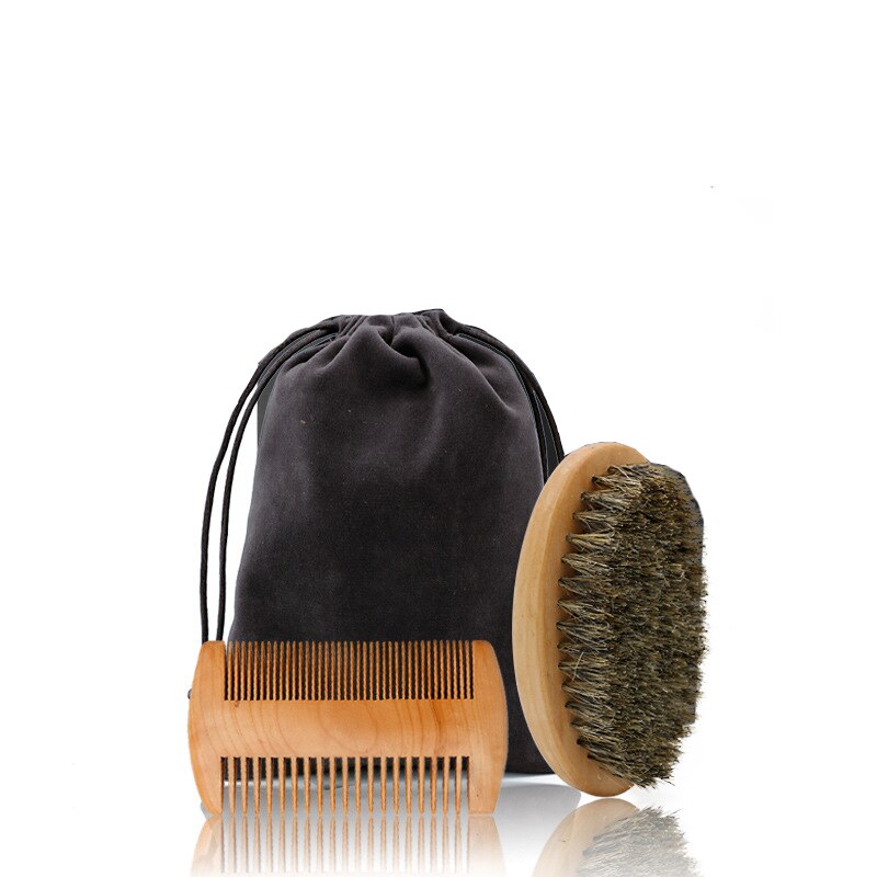 Skæg hår kam sæt blødt ornebørste træ skæg børste frisør barbering værktøj herre overskæg kam kit med taske: Sæt