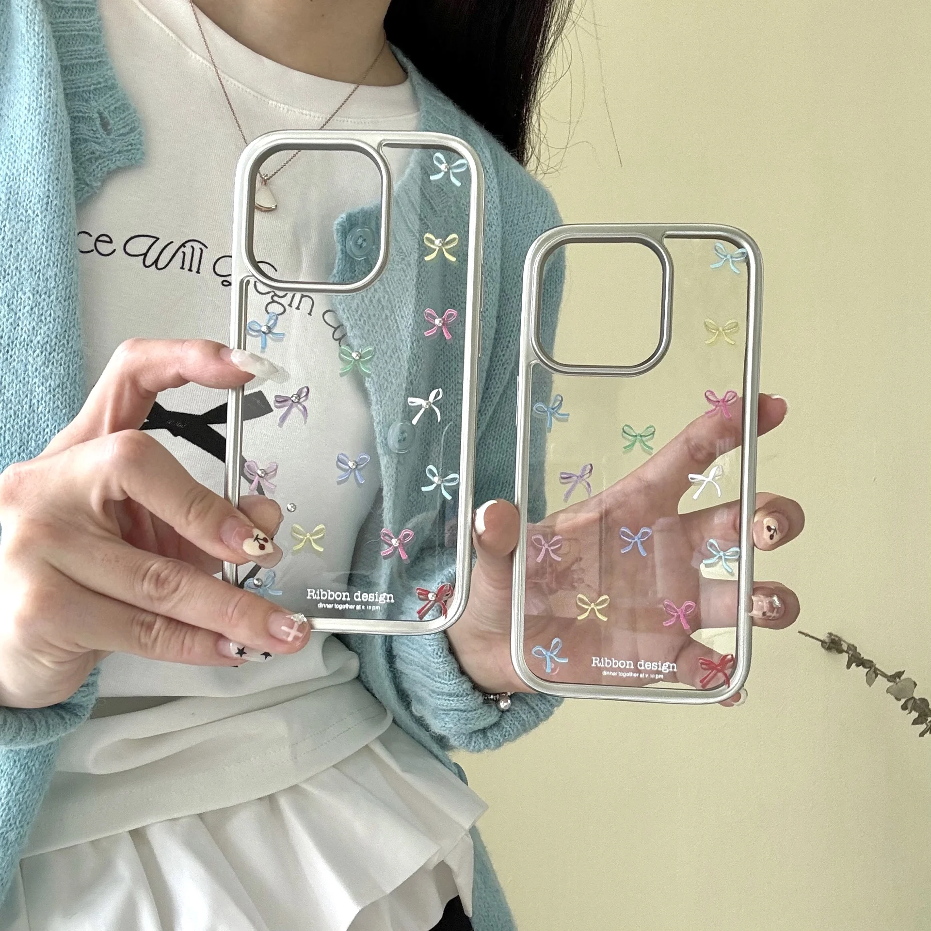 Funda plateada con forma de perla y lazo para IPhone 15, 14, 13, 12 Pro Max, protección IPhone15, bonita funda transparente a prueba de golpes a la , Corea INS