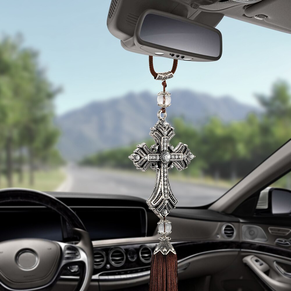 Metal og krystal diamant kryds jesus kristen bil bakspejl bil vedhæng hængende bil tilbehør bil dekoration