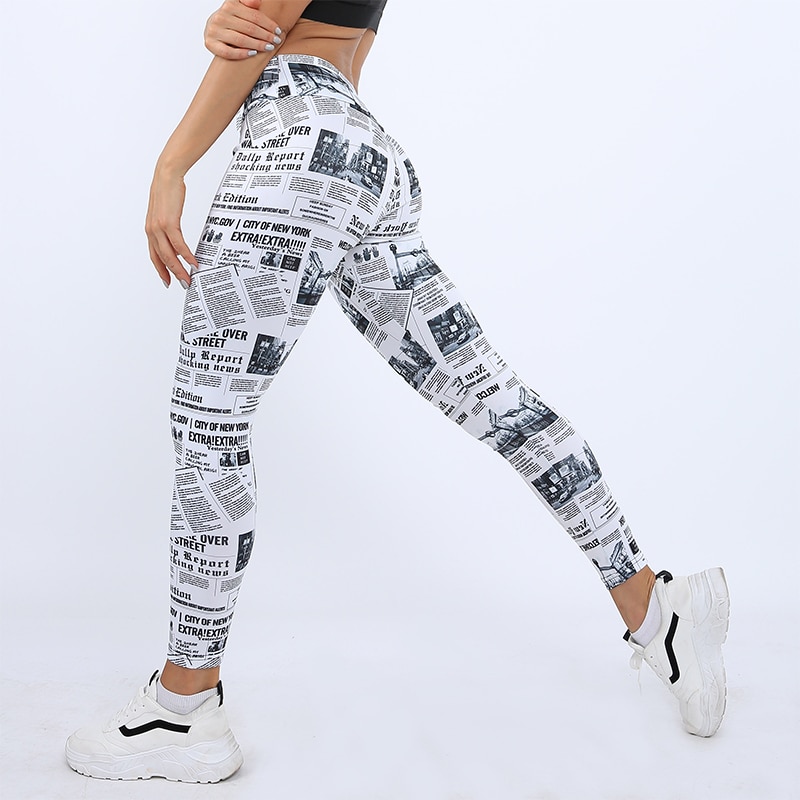 Pantaloni da Yoga leggings a vita alta fitness in esecuzione stampa digitale giornale modello poliestere