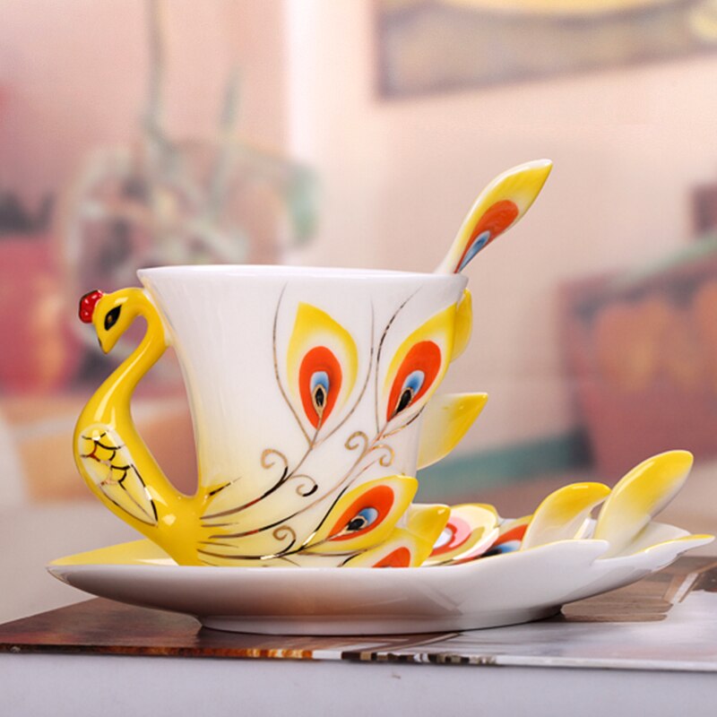 Ensemble de tasses à café paon en porcelaine émaillé 3D, artisanal à la main, avec soucoupe et cuillère, en céramique, tasse à thé et à eau