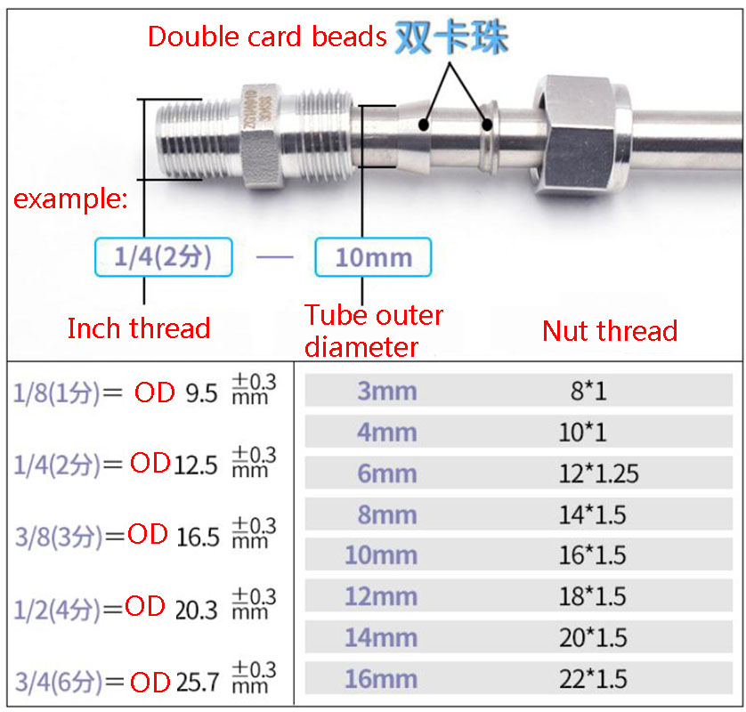 1X Compression Fitting Ferrule Stainless Steel Terminal 1/4 Thread Pipe Joint 6/8/10/12MM ZG/G/NP TMale Straight Adapter Connect
