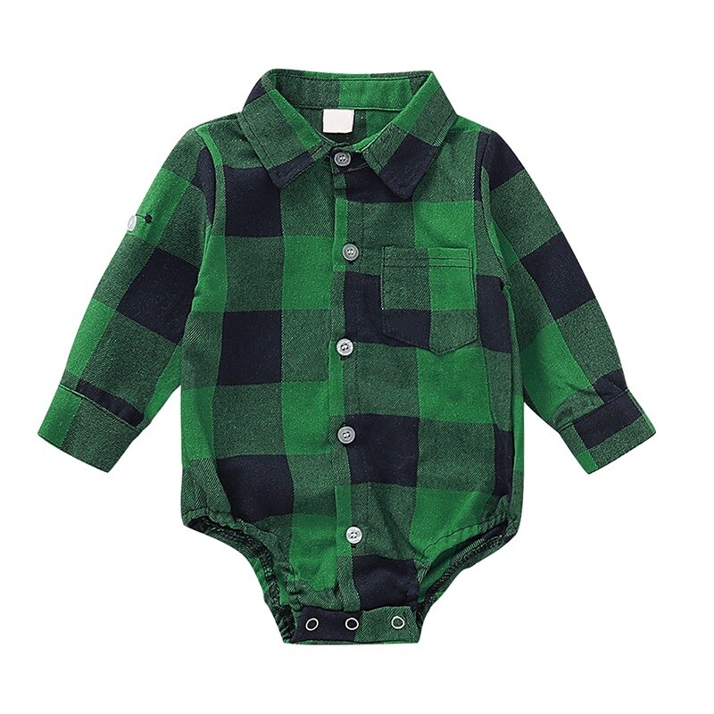 Baby piger drenge langærmet plaid print romper efterår spædbarn børn bodysuit jumpsuit outfits: Grøn / 12m