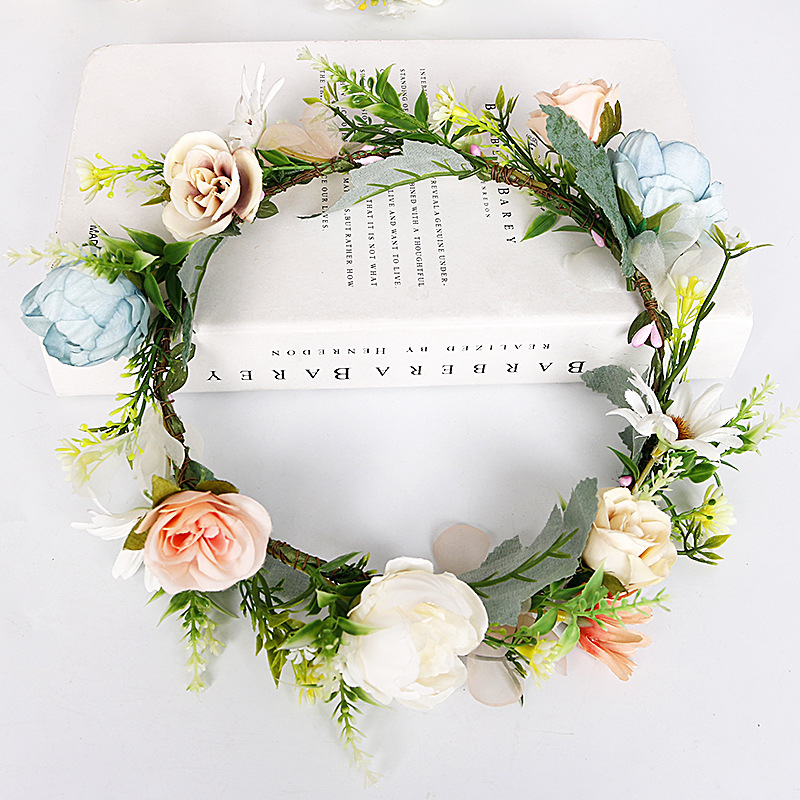 Flower Headband Spring Bohemian Flower Crowns Floral Garland Faux Rose Wedding Wreaths Braided Hair Vine Headpiece Hair Ornament