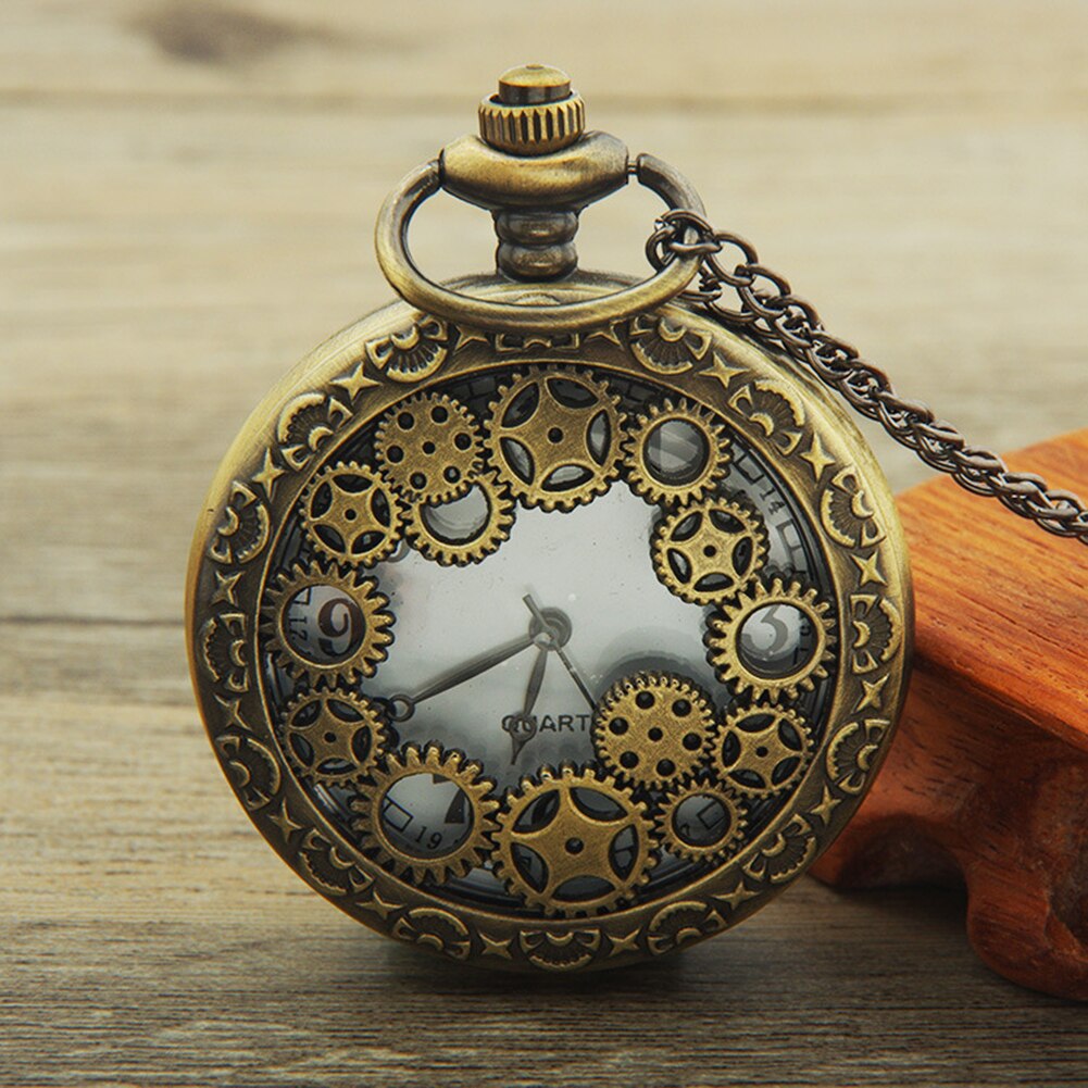 Retro Pockets Horloge Hollow Gear Antieke Hanger Arabische Cijfers Quartz Analoog pockets horloge Vintage Bronze Steampunk