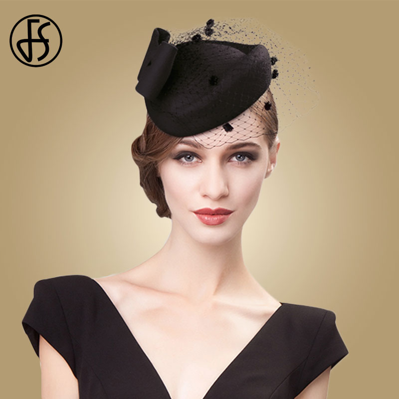 Fs sort hat til kvinder slør vintage uldfilt pilleæske hatte fascinator dame rød bryllup cocktail hatte sløjfe derby fedora