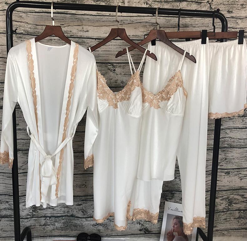 Kvinder satin nattøj 5 stykker pyjamas sexet blonde pyjamas sove lounge pyjamas silke nat hjemmetøj pyjamas jakkesæt: Hvid / L
