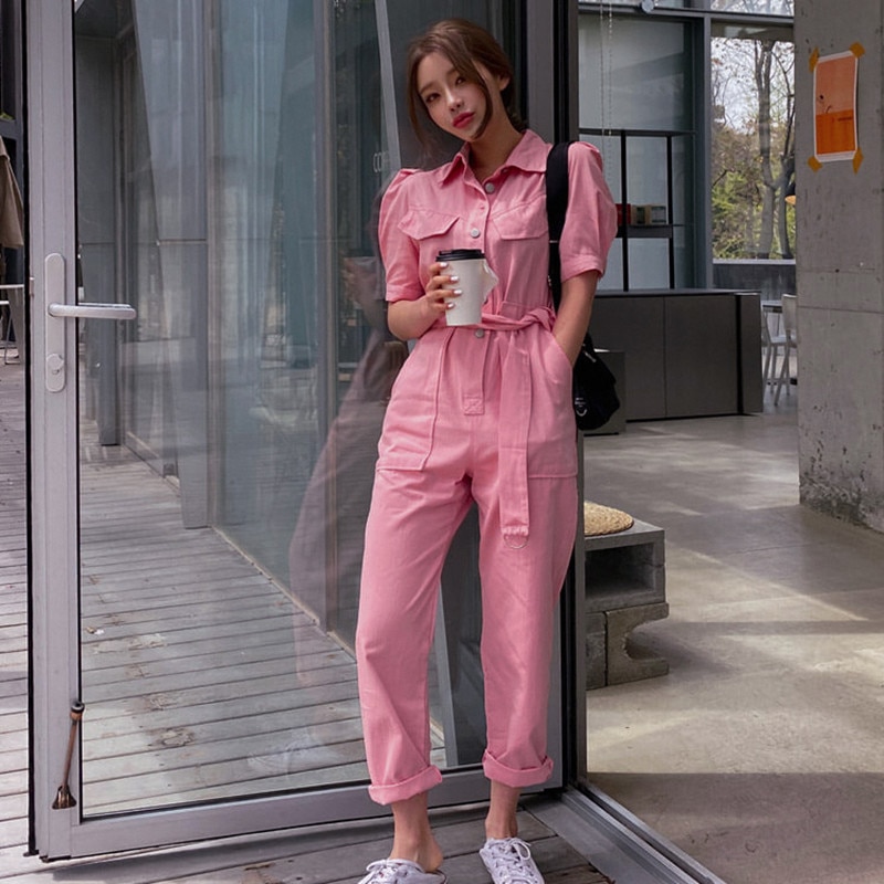 Smthma sommer kortærmede jumpsuits kvinder jumpsuit overalls med høj talje til kvinder pink og hvide lady rompers overalls