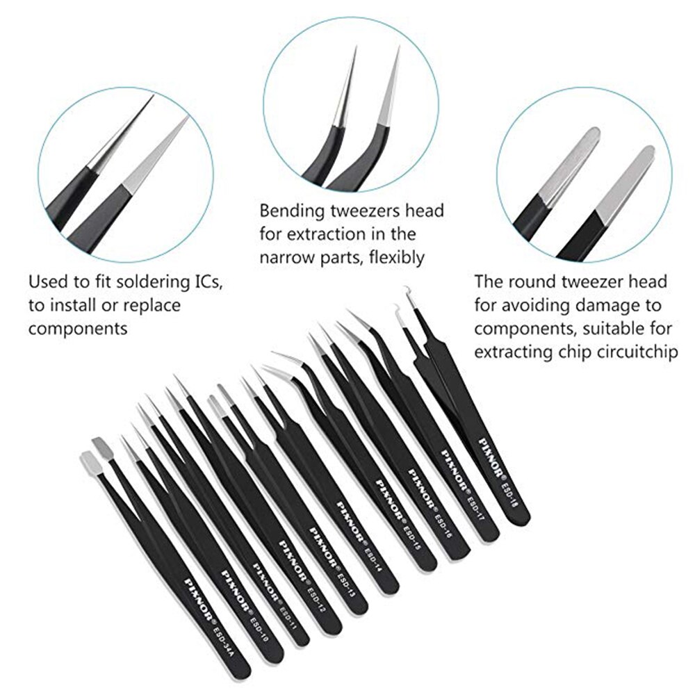 ESD Antistatique En Acier Inoxydable Pince À Épiler Outil Ensemble Haute Pointe Incurvée Brucelle Droite Multifonction Pince Outil De Réparation Kit