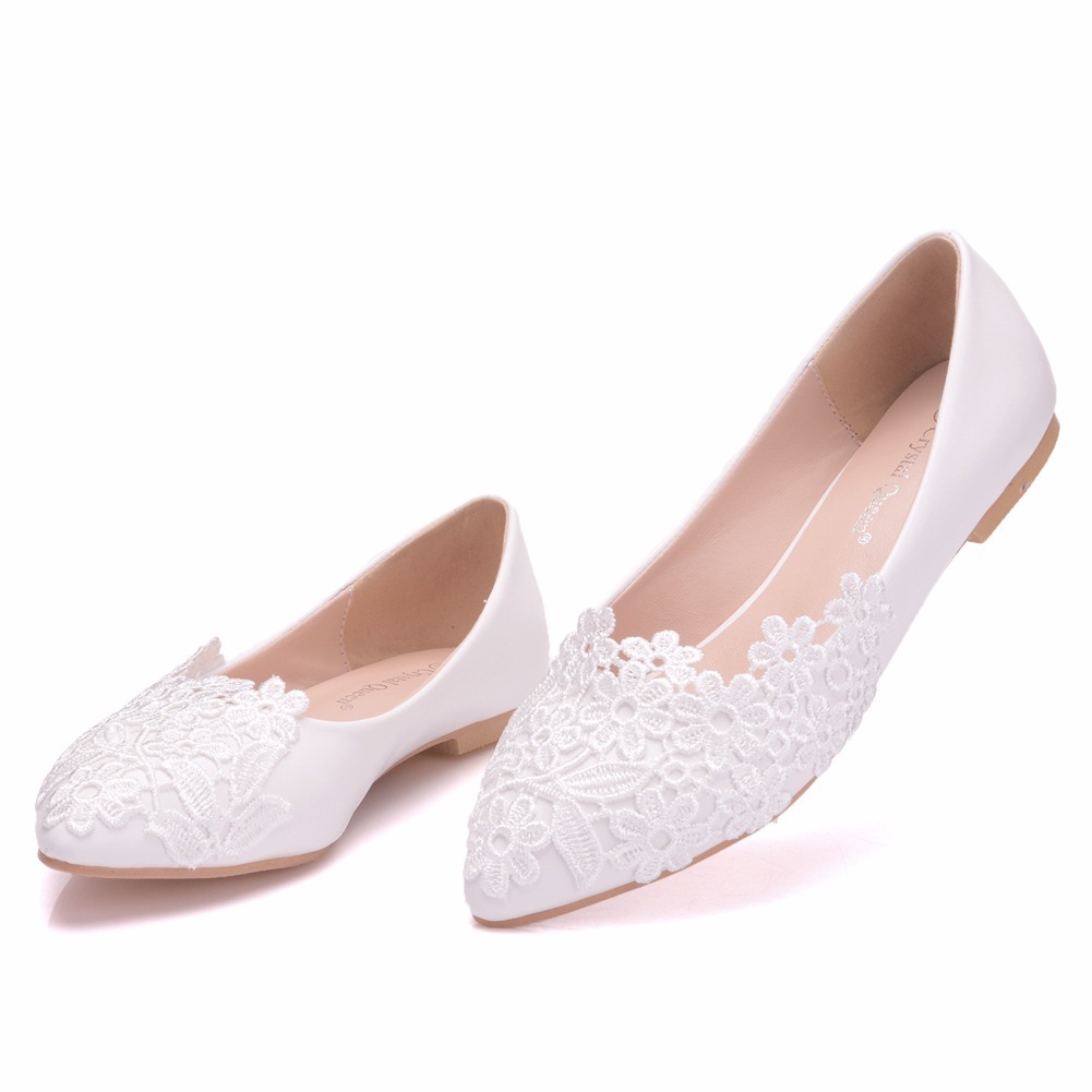 Chaussures de mariage en dentelle blanche, plates à bout pointu, grande taille, à talons bas, pour femmes,