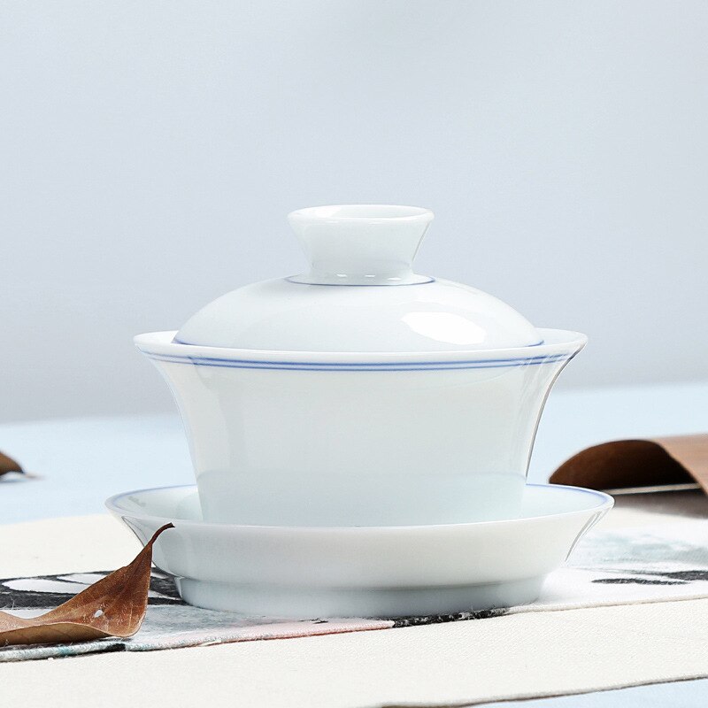 Jingdezhen Handgeschilderde Thee Sets, Wit Porselein Covers, Thee Kommen, hoogwaardige Kungfu Thee Accessoires, Drie Kopjes Grote Maat: 2