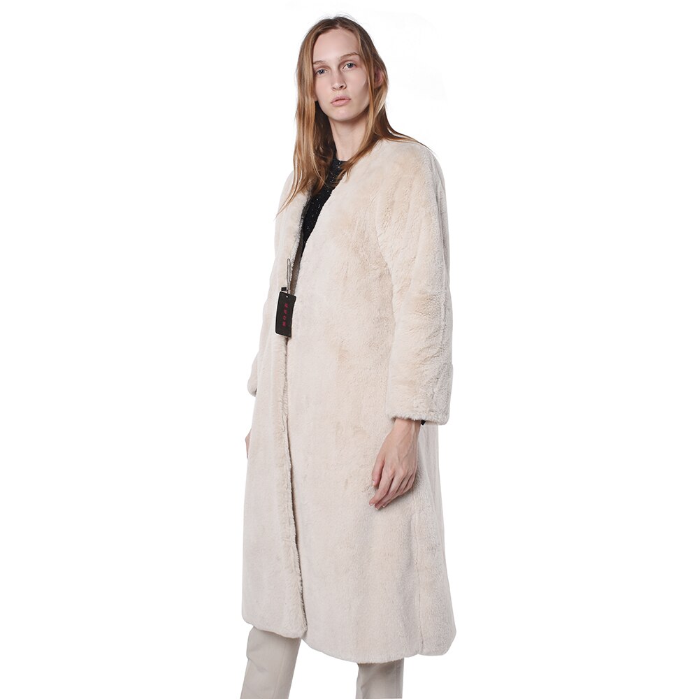 Women Faux Fur Coat With Long Sleeves And Pockets Artificial Ecru White Winter Coat