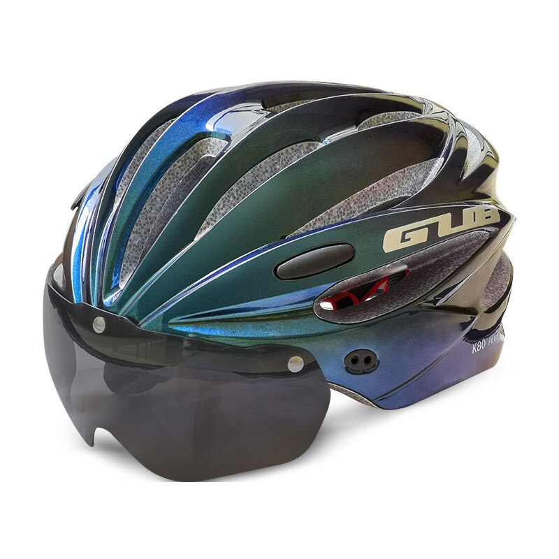 Mtb racefietshelm integraal gevormde fietshelm met vizier, brillenlens, ultralichte, veilige fietshelm voor heren en dames: Poollichtblauw