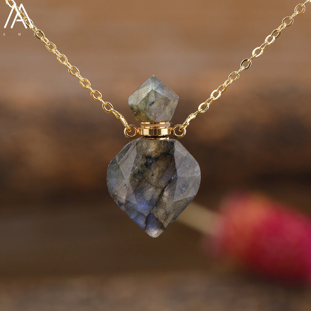 Arco-íris labradorite garrafa de óleo essencial perfume garrafa pingente colar moda feminina coração gem pedra jóias presente dropship