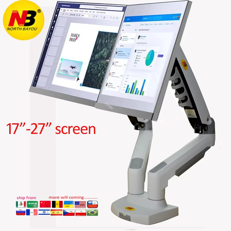 NORTH BAYOU F160 resorte de gas de 17 "-27" soporte de escritorio de doble monitor 2-9kg brazos dobles movimiento completo girar inclinación 10-90mm abrazadera