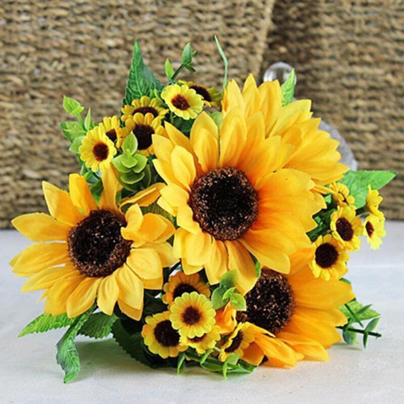 1 ramo de girasoles artificiales realistas, cabezas de girasoles de plástico artificiales, adornos de doméstica, accesorios