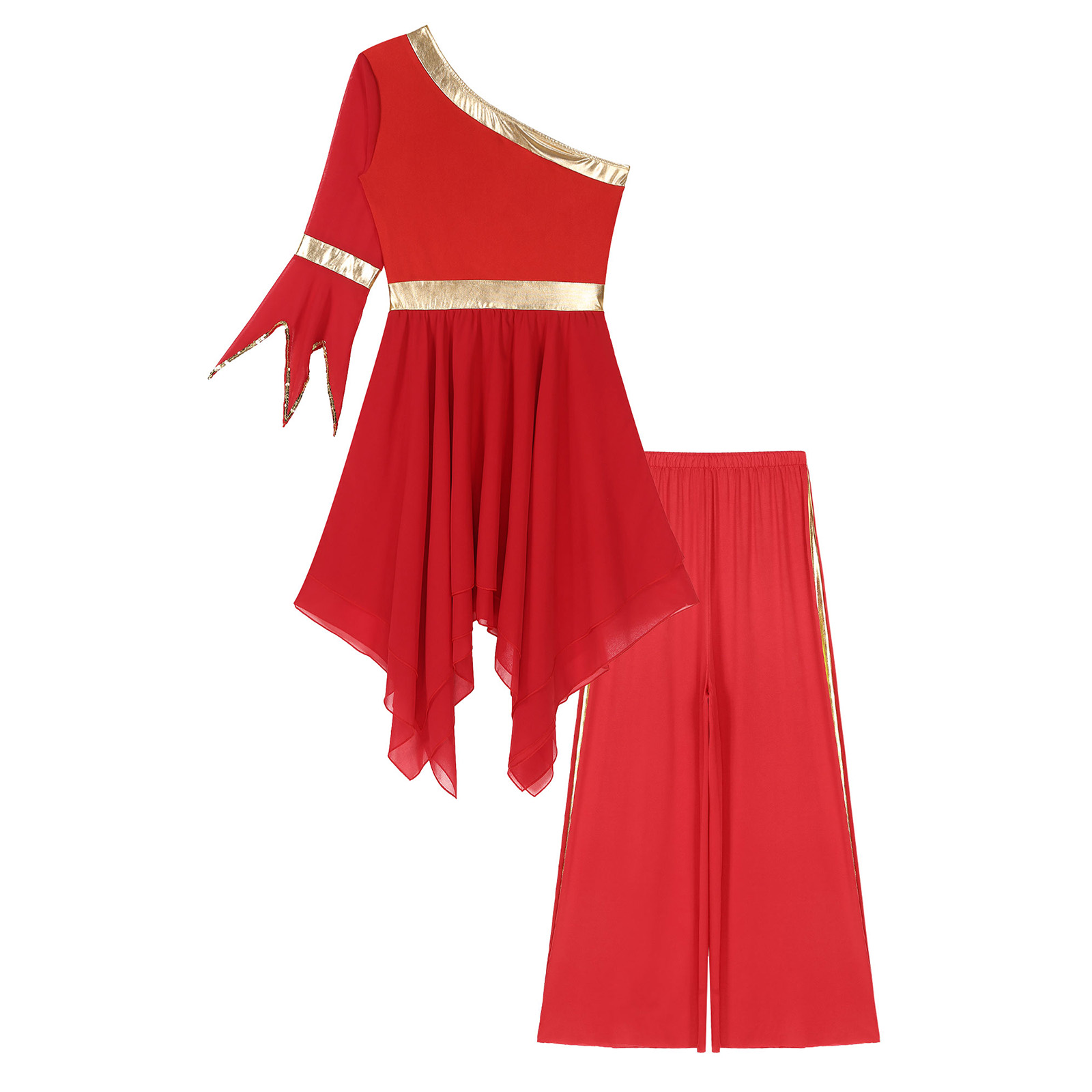 Tenue de culte de chorale d'église liturgique pour femmes, Costume de danse lyrique, asymétrique épaule dénudée, manches évasées, robe avec pantalon à jambes larges