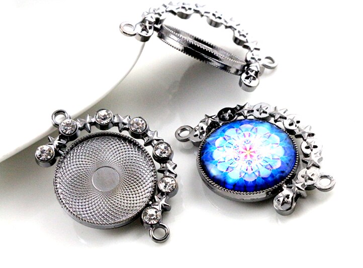 5pcs 25mm Inner Size Rotation Double Side Rhodium Gun Black Color Rhinestones Cameo Cabochon Base Setting Pendant
