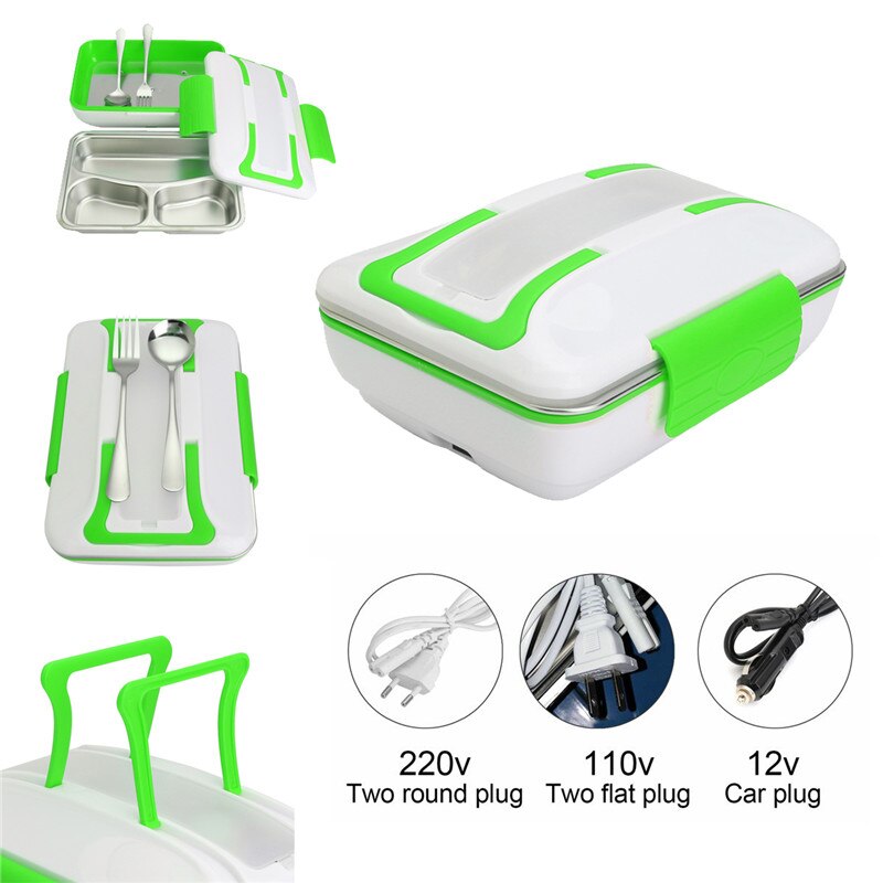 Portable Car Truck Electric Heating Lunch Box Travel Food Warm Heater Storage Container Stainless Steel Rice Cookers Box Warmer: Green / 220V