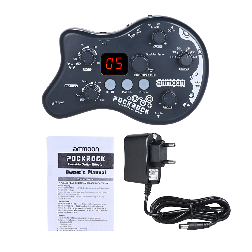 Ammoon PockRock, portátil, para guitarra, con múltiples efectos, procesador, efecto Pedal, 15 tipos de efecto, 40 tipos de batería, función de afinación: Gray EU Plug