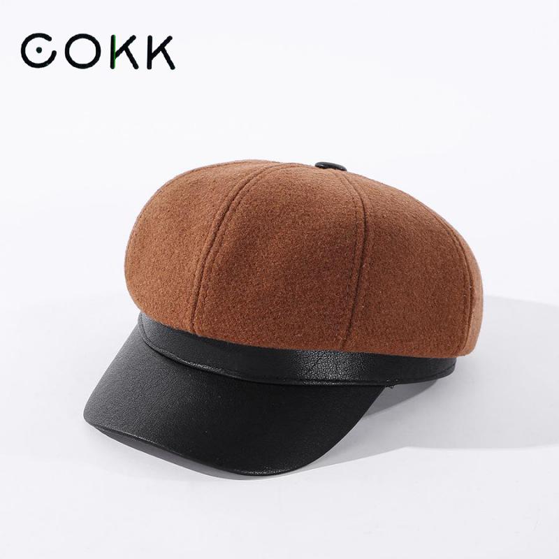 COKK Octagonal Hat Women's Winter Autumn Leather Brim Beret Women Retro British Painter Cap Hats For Women's Cap Gorros