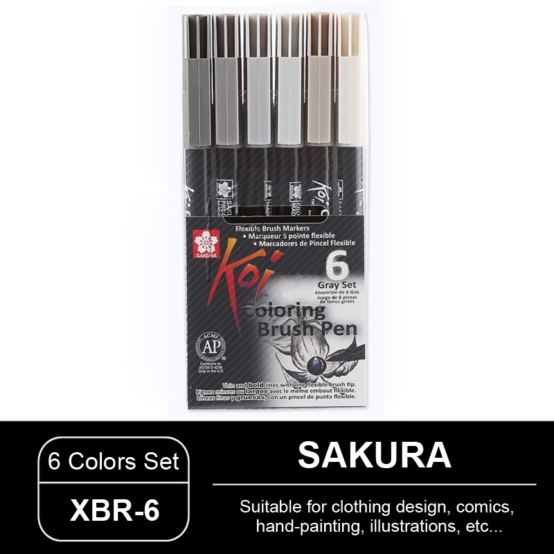 Juego de plumas de acuarela para colorear, pluma de cabeza suave de SAKURA de Japón, XBR, ilustración de cómic pintada a mano, secado rápido sin olor: XBR-6