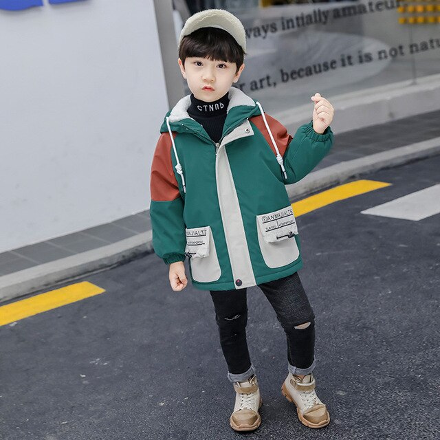 Baby Boys Clothes Winter Thicken Fleece Lining Warm Jacket Children Long Hooded Waterproof Coat Sport Windbreaker Outfit: green / 9