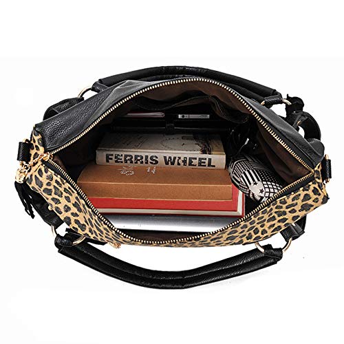 Frauen Leopard Print Schwarz Geldbörse Handtasche Hobo Glitter Pailletten PU Leder Schulter Tasche