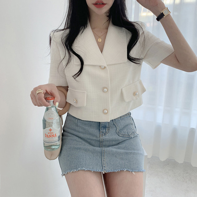 Sannian Corea verano Retro pequeña solapa fragante tres botones Tops cortos traje ajustado de manga corta abrigo mujeres Blazers y chaquetas