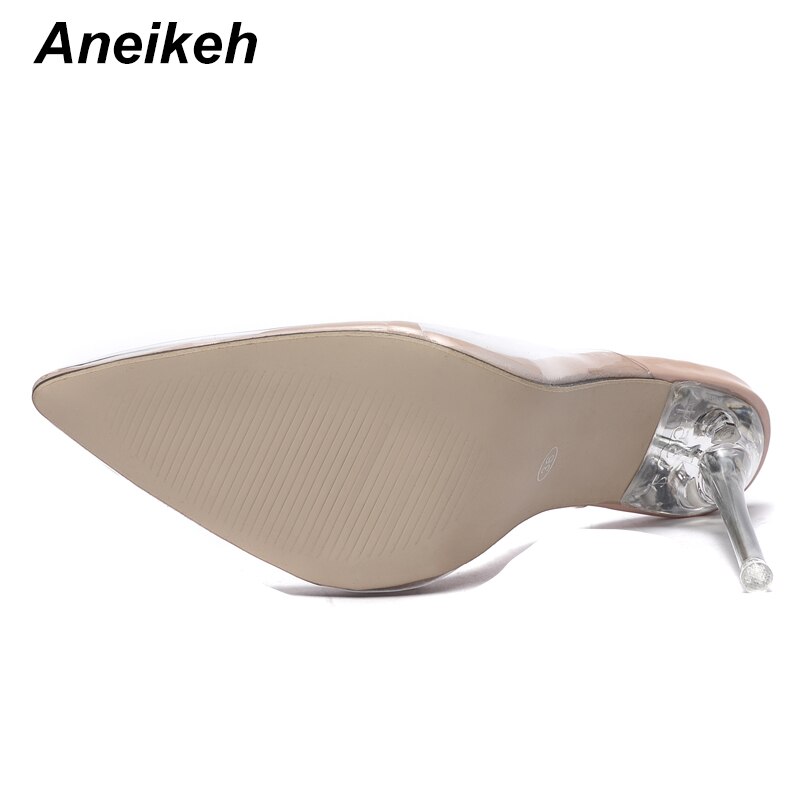 Aneikeh kortfattad pvc kvinna genomskinliga sandaler tunna höga klackar skor spetsig tå slingback pumpar slip på solid