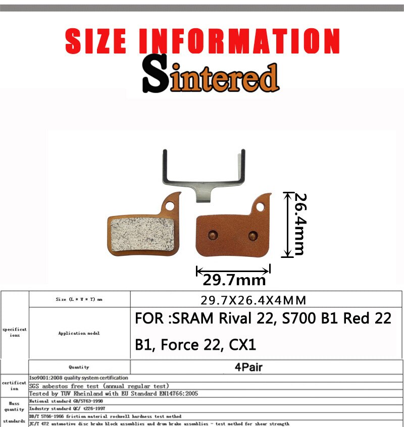 4 Pair MTB Mountain E-BIKE Sintered Bicycle Disc Brake Pads For SRAM AVID Rival 22, S700 B1 Red 22 Force 22, CX1Accessories