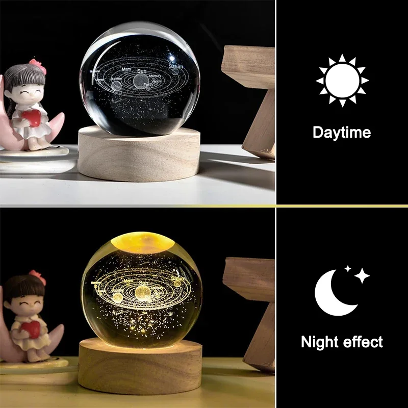 Leuchtende Kristallkugel LED Nachtlicht Saturn Sonnensystem 3D Mond Tischlampe USB Schlafzimmer Atmosphäre Lampe für Geburtstag Kind *