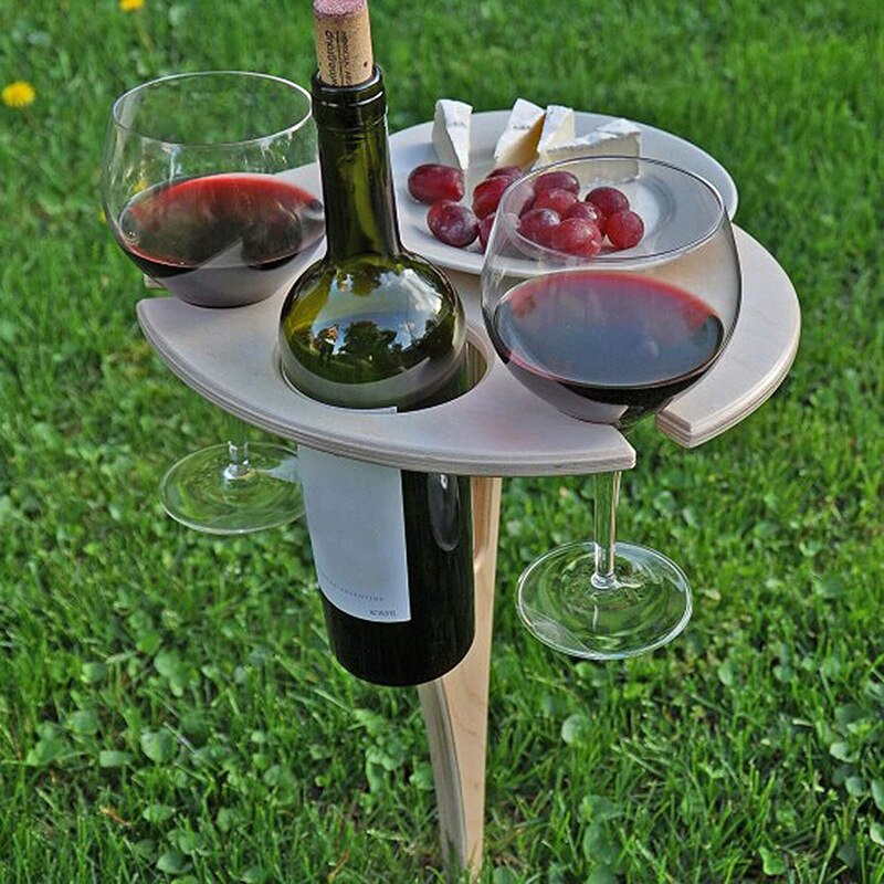 Outdoor Wine Table Portable Desktop Foldable Round Desktop Mini Wooden Picnic Table Easy Carry Wine Rack Support