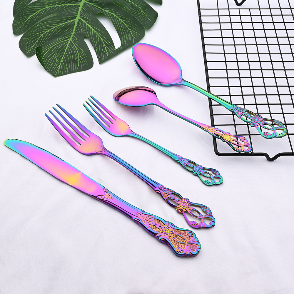 5Pcs Luxury Silver Western Dinnerware Set Stainless Steel Flatware Cutlery Set Home Fork Knife Spoon Tableware Silverware Set
