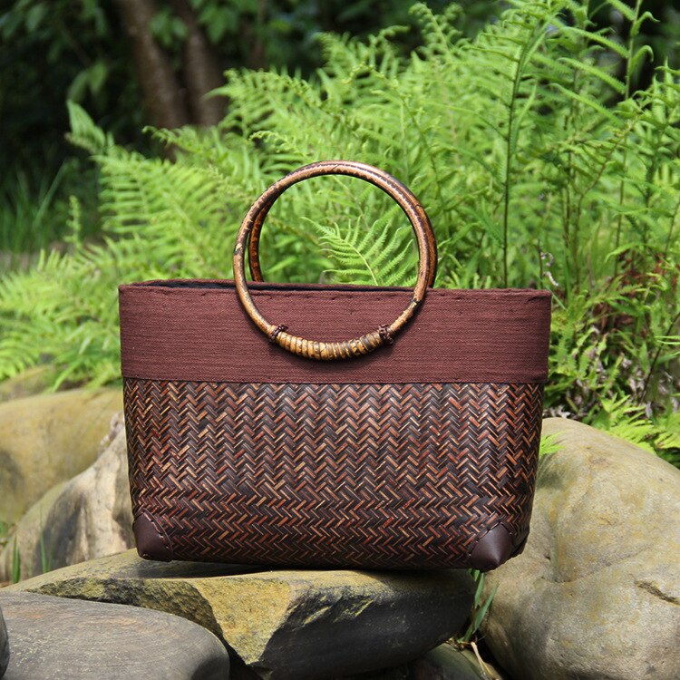 22 Stijl Strozak Rotan Houten Handvat Retro Geweven Zak Emmer Zak Grote Strand Tas: C062 coffee
